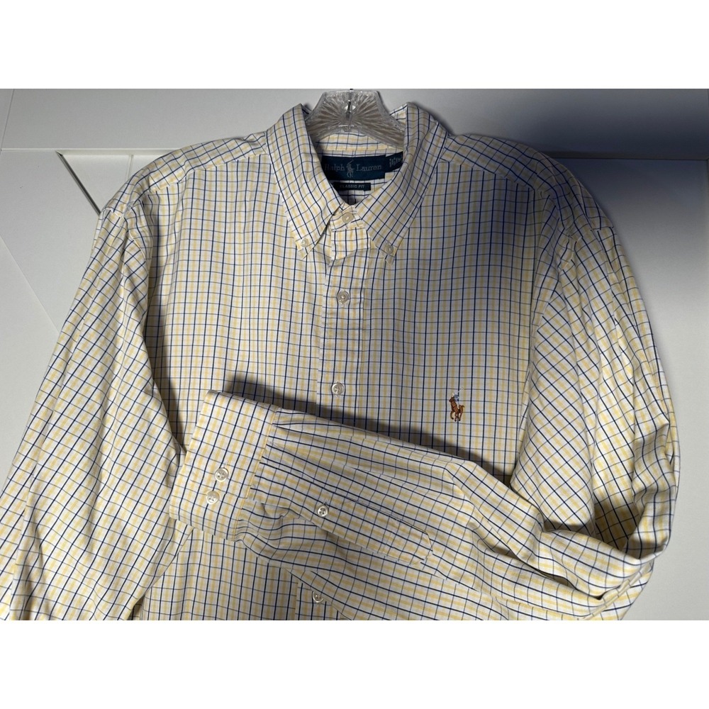 Ralph Lauren Classic Fit Men Long Sleeve Button Down Shirt Yellow Blue Plaid 18 - Picture 2 of 9